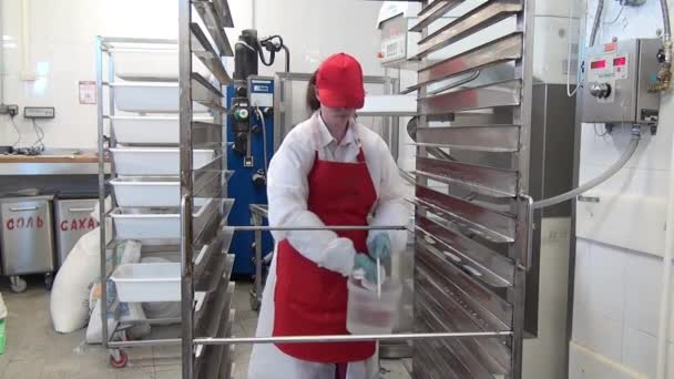 Femme en tablier rouge et bonnet lave l'équipement industriel en atelier. — Video