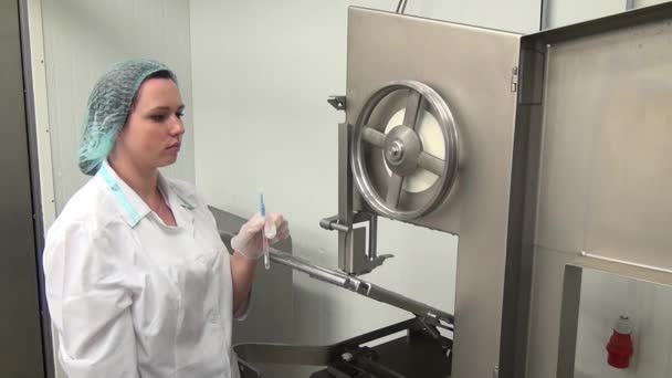 Mujer toma muestras para bacterias y microbios cerca de equipo de corte de carne. — Vídeos de Stock