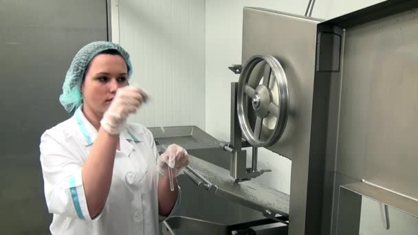 Woman takes samples for bacteria and microbes near meat cutting equipment. — Stock Video