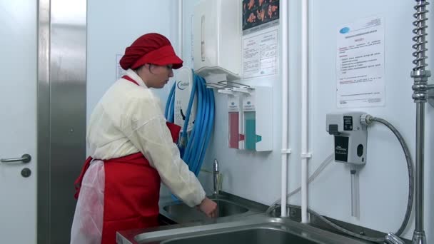 Mujer en delantal rojo y gorra desinfecta fregadero de cocina para platos en taller. — Vídeos de Stock