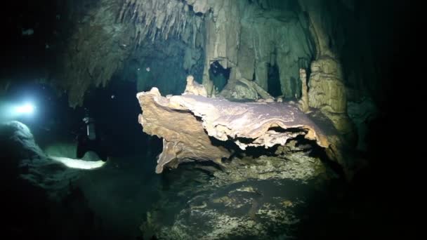 Potápěči v podmořských jeskyních Yucatan Mexico cenotes. — Stock video