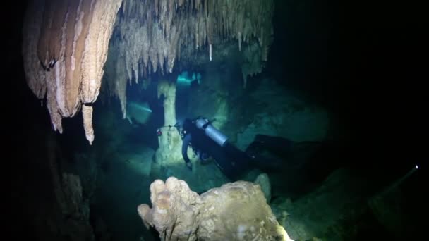 Yucatan Meksika 'nın sualtı mağaralarındaki kayalıklarda dalgıçlar. — Stok video