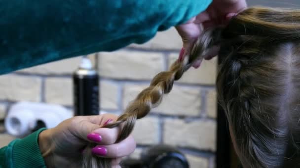 Zbliżenie moda piękno plecionki warkocze w salon fryzjerski. — Wideo stockowe