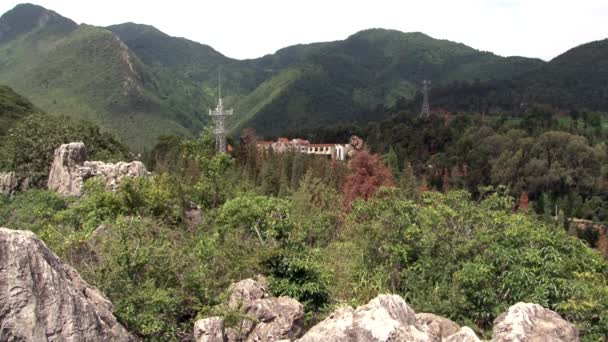 Pflanzen an der Küste des Fuxian-Sees im Hintergrund Landschaft aus Berg und Nebel. — Stockvideo