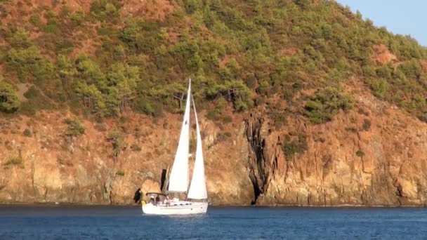 Witte jachten varen in de zon op de achtergrond van zee en bergen in de baai. — Stockvideo