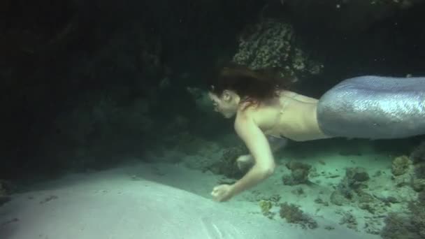 Sirena chica bajo el agua modelo en el mar. — Vídeos de Stock