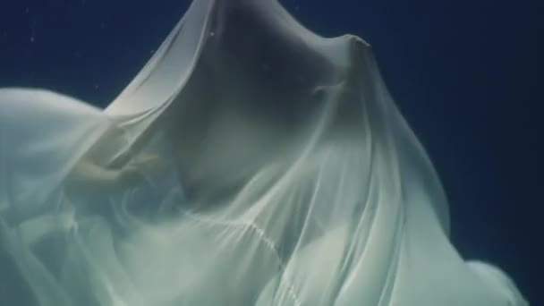 Jovem mulher modelo subaquático em pano branco no fundo da água azul. — Vídeo de Stock
