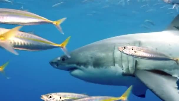 Primer plano de un gran tiburón blanco bajo el agua Guadalupe. — Vídeo de stock