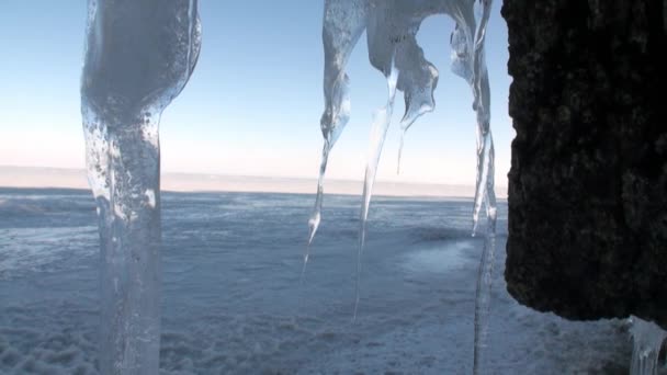 Zbliżenie dużych sopli lodowych na skałach naturalnego lodowca nad jeziorem Baikal. — Wideo stockowe