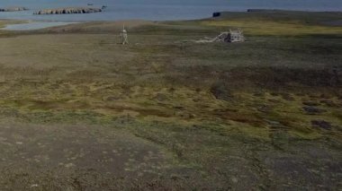 Arktik Okyanusu kıyısında Novaya Zemlya takımadaları çölünün arka planında.