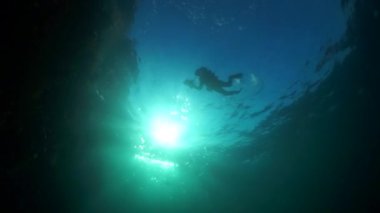 Suyun altındaki dalgıç güneşe karşı.