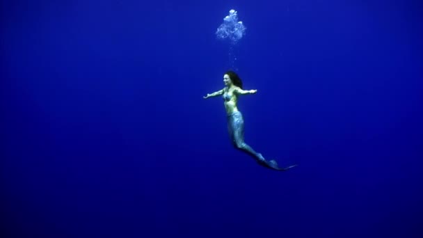 Zeemeermin meisje onderwater model dansen op schoon blauw achtergrond in zee. — Stockvideo