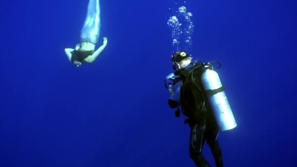Jonge vrouw zeemeermin poses voor camera van cameraman onderwater in zee. — Stockvideo