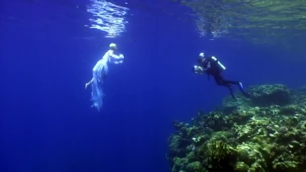 Ängel ung kvinna undervattensmodell i vit duk och kameraman. — Stockvideo