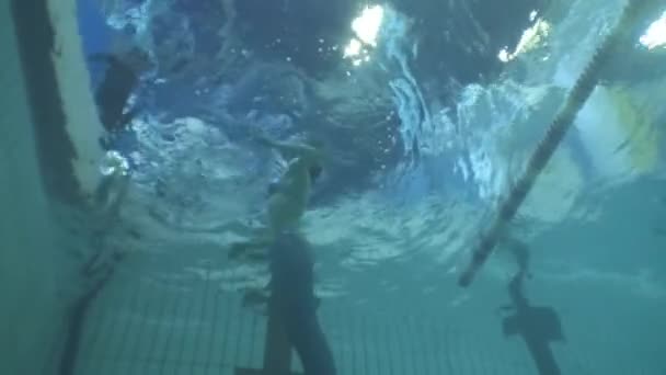 Подводный костюм русалки в бассейне. — стоковое видео