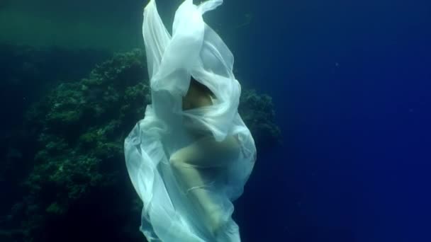 Молода жінка підводна модель в білій тканині на тлі блакитної води . — стокове відео