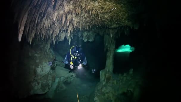 Nurka w skałach podwodnej jaskini Yucatan Meksyk cenotes. — Wideo stockowe