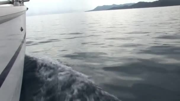 Дошка білої рухомої яхти розрізає хвилі поверхні води . — стокове відео