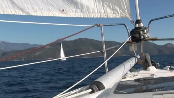 Détails rapprochés du pont et voile blanche du voilier en mouvement. — Video