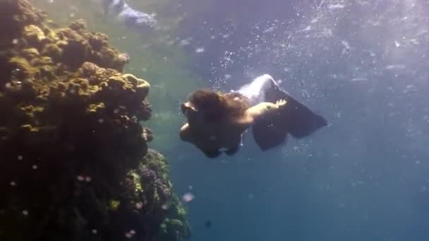 Potápěč a mladá žena pod vodou model mořská panna na korálovém útesu. — Stock video