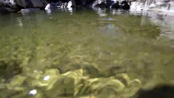 Primer plano de agua pura y roca lisa bajo el agua transparente del río de montaña. — Vídeos de Stock