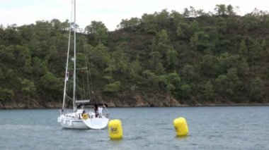 Körfezde yüzen insanların olduğu beyaz yatlar..