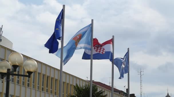 Drapeau de l'Europe et des pays de l'Union européenne sur fond ciel nuages blancs. — Video