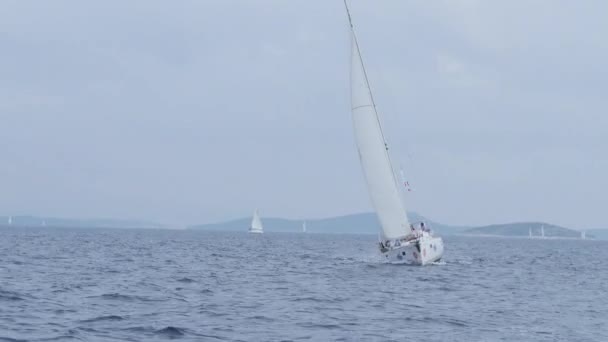 Yachten und Regatta-Boote auf Wellen in Küstennähe und Naturlandschaft. — Stockvideo