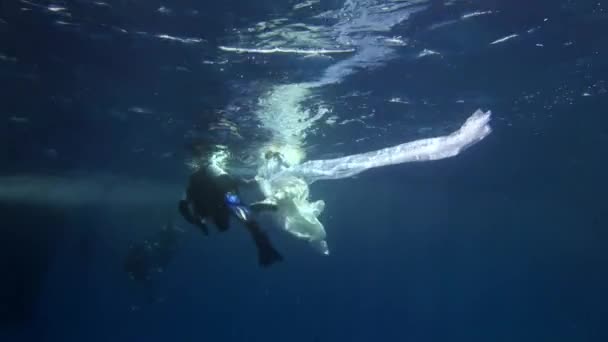 Jeune femme modèle sous-marin ange en tissu blanc et caméraman. — Video