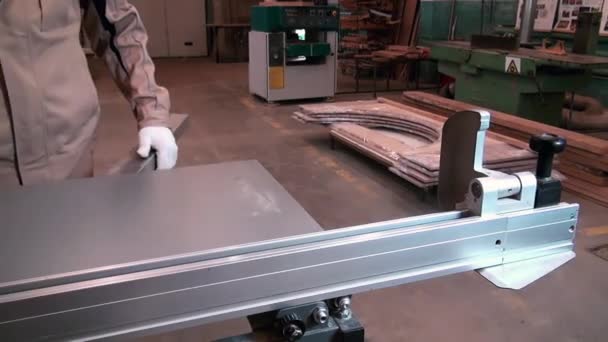 Holzbearbeitungsmaschine mit Kreissäge sägt Furnierwinkel. zwei Kreissägen der Holzbearbeitungsmaschine. — Stockvideo