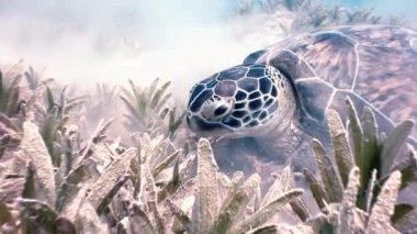 Yeşil deniz kaplumbağası içinde deniz Remora balık yiyecek aramaya Yüzme.