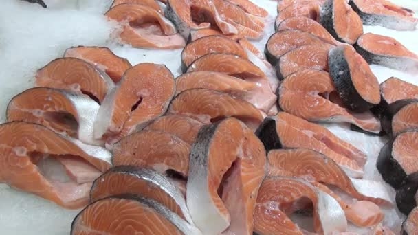 Filé de peixe vermelho no barco na neve nas prateleiras em lojas e supermercados. Alimentos frescos, carne, pão, peixe, salada nas prateleiras em lojas e supermercados . — Vídeo de Stock