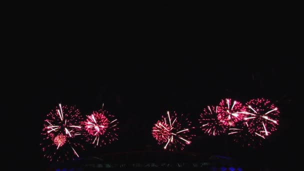밤하늘과 건물의 대도시에서 펼쳐지는 아름다운 파이로 쇼 불꽃놀이. — 비디오