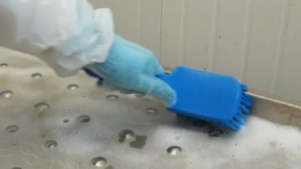 Limpieza de la mesa de corte cepillo azul . — Vídeo de stock