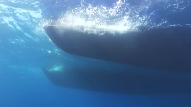 Bootsboden außerhalb des Wassers auf dem Hintergrund der Sonne. — Stockvideo