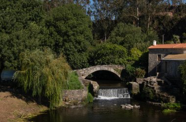 Şelaleli eski bir ortaçağ taş köprüsü ve Portekiz kırsalında söğüt ağacı. Kapat..