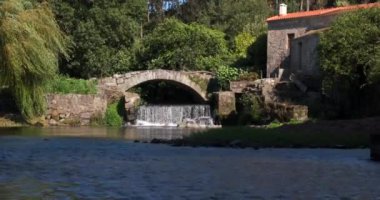 Portekiz kırsalındaki eski ortaçağ köprüsünün altından akan güzel şelale ve rüzgarda söğüt ağacı esiyor..