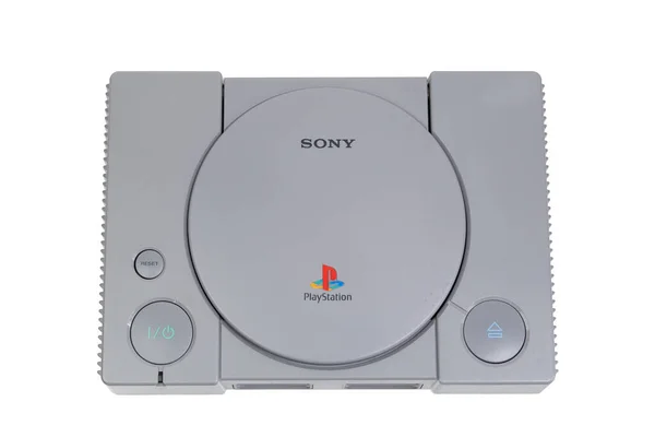 Sony Playstation Auf Weißem Tisch Original Videospielkonsole Aus Den 1990Er — Stockfoto