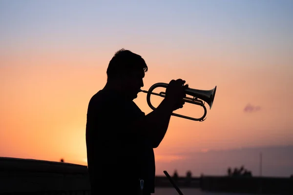 意大利利沃诺 2021年7月 一个孤独的号角声演奏者在日落时分在一个公共场所演奏他的号角的轮廓 — 图库照片