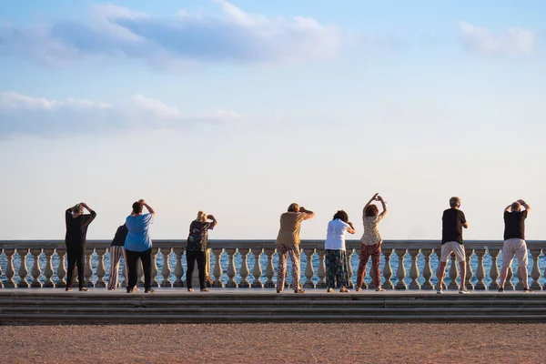 Skupina Starších Lidí Viděných Zezadu Při Gymnastice Veřejném Prostoru Moře — Stock fotografie