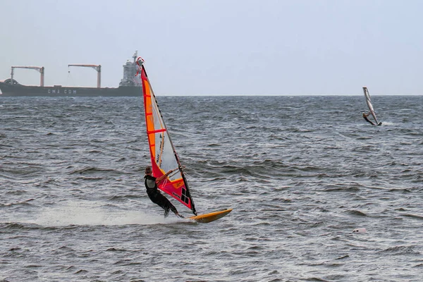 Orange Red Windsurf Riding Waves Choppy Sea — Stock Photo, Image