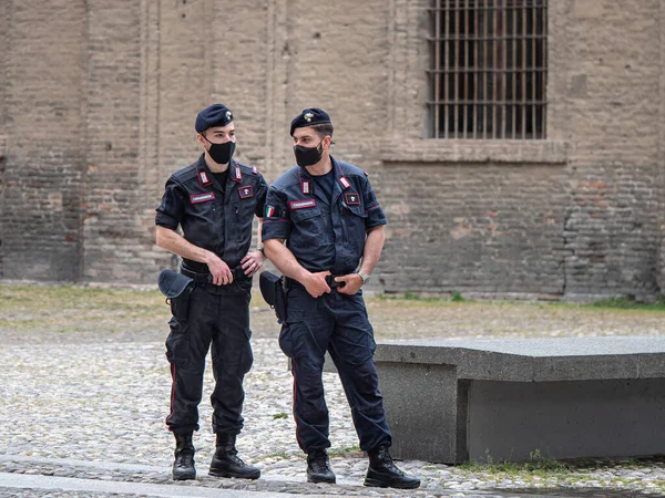 Two Italian Law Enforcement Officers Uniform Surgical Mask Face Duty — Stock Photo, Image