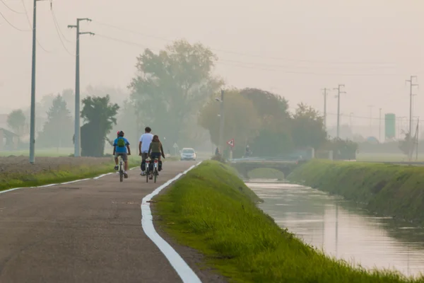 Tres amigos en el campo camino en bicicleta cerca del pequeño arroyo en la niebla —  Fotos de Stock
