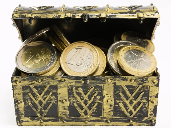 Treasure chest filled with coin, euro currency — Stock Photo, Image