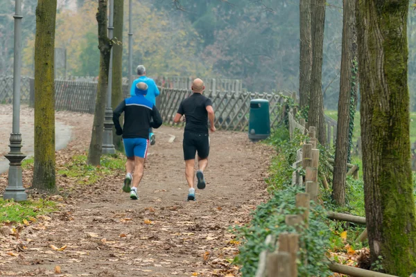 Uomini che fanno jogging nel parco in autunno — Foto Stock