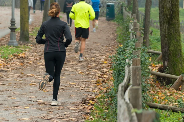 Giovane donna che fa jogging nel parco in autunno — Foto Stock