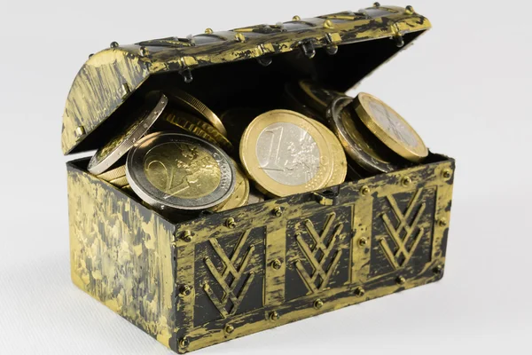 Treasure chest filled with coin, euro currency — Stock Photo, Image