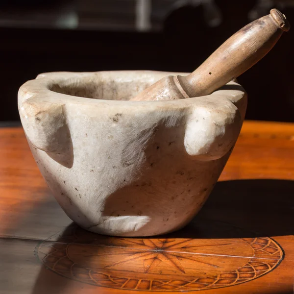 White Stone Mortar and wooden pestle — Stock Photo, Image