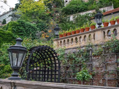 Fenerler ve Ağaç kirişe bakan saksı bitkileri ve Çek Cumhuriyeti Prag 'daki Tuğla Duvar, Prag.