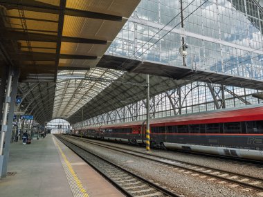 Modern Train And Classic Arched Glass Roof Structure Of Prague Main Train Station, Prague, Czech Republic.